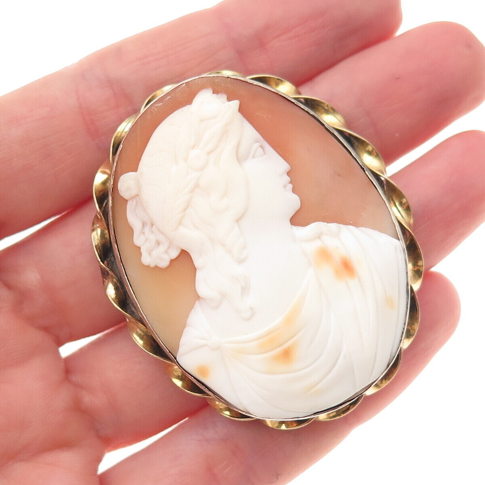 800 Silver Gold Filled Antique Art Deco Real MOP Carved Lady Cameo Pin Brooch